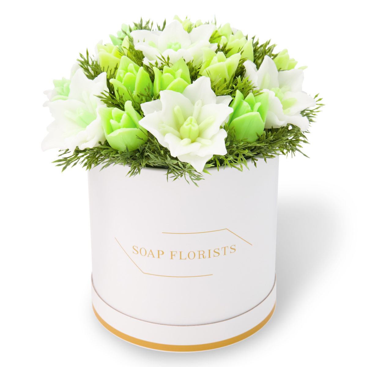 Green Tulips in White Bucket