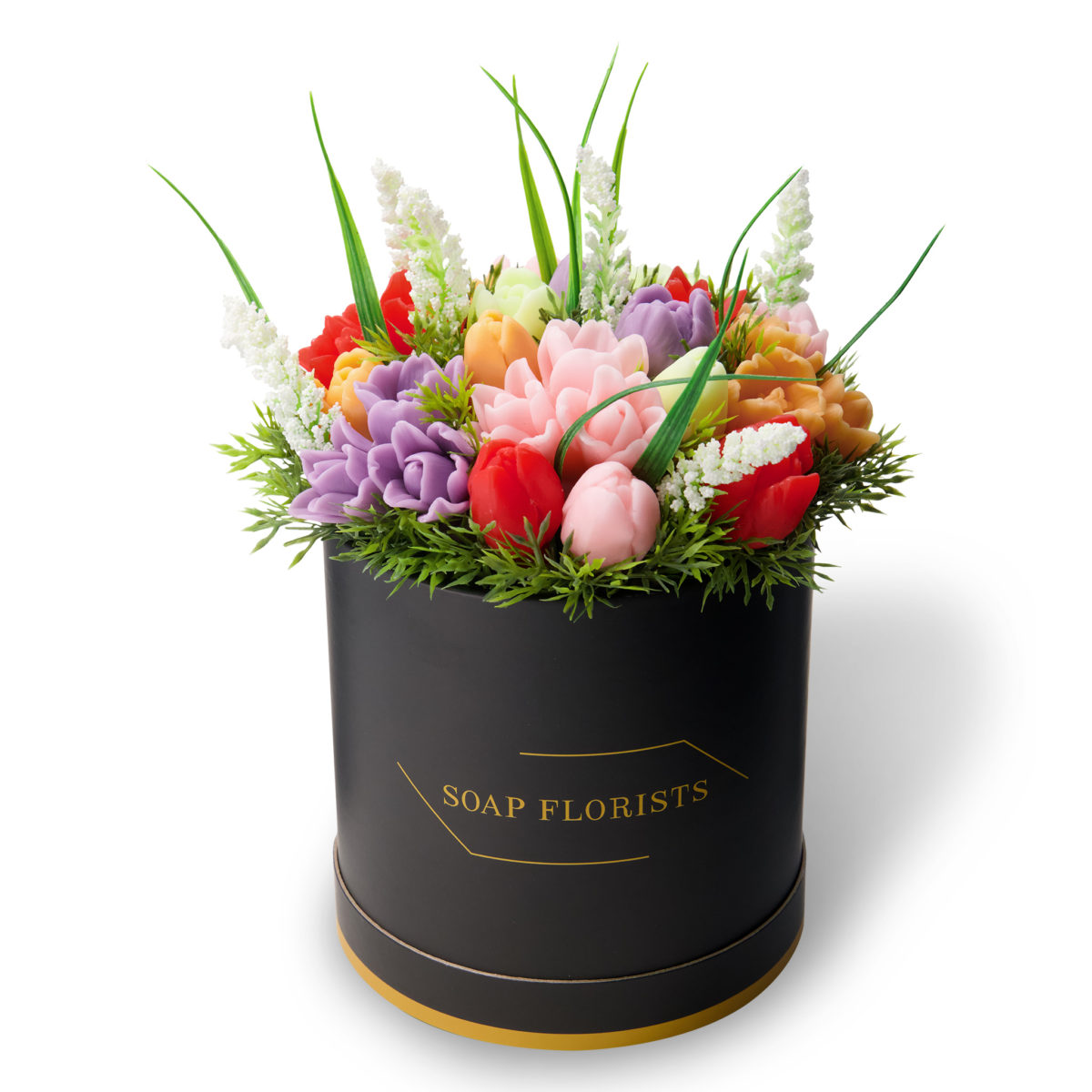 Mixed Tulips in Black Bucket